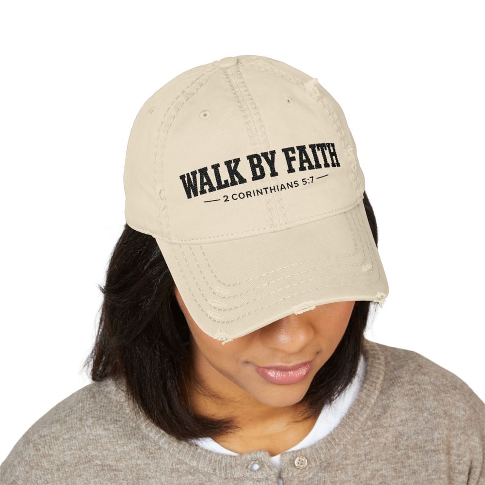 Image of Unisex Walk By Faith Embroidered Distressed Dad Hat – Christian Baseball Cap (2 Corinthians 5:7)