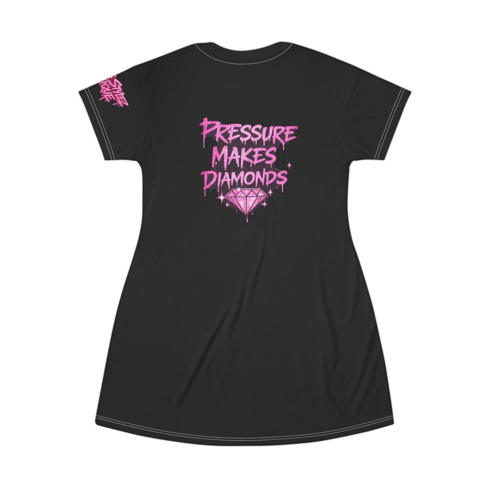 Image of Pressure Makes Diamonds T-Shirt Dress — Black AOP Graphic Dress