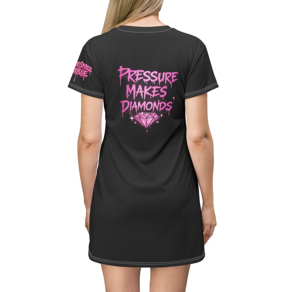 Image of Pressure Makes Diamonds T-Shirt Dress — Black AOP Graphic Dress