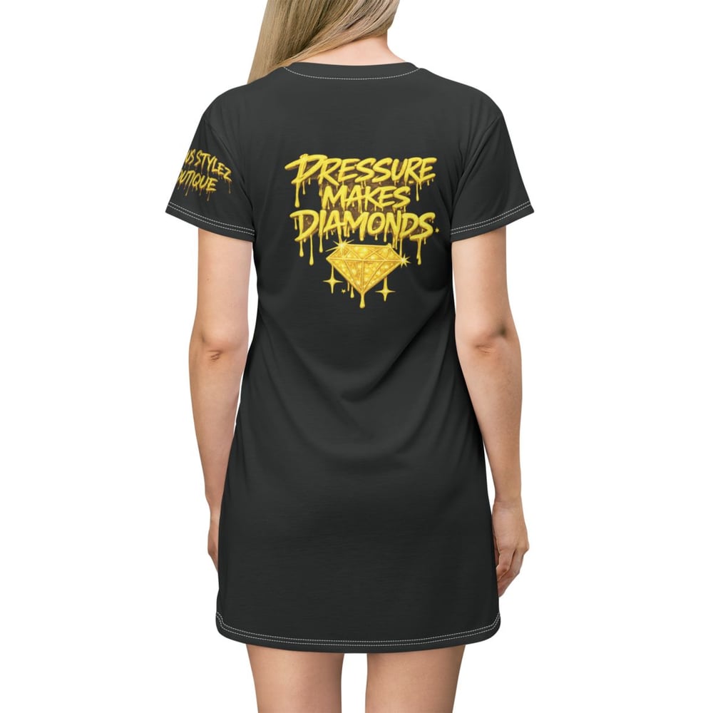 Image of Pressure Makes Diamonds T‑Shirt Dress — Streetwear Graphic Dress with Drip Logo-7ef2f3c9