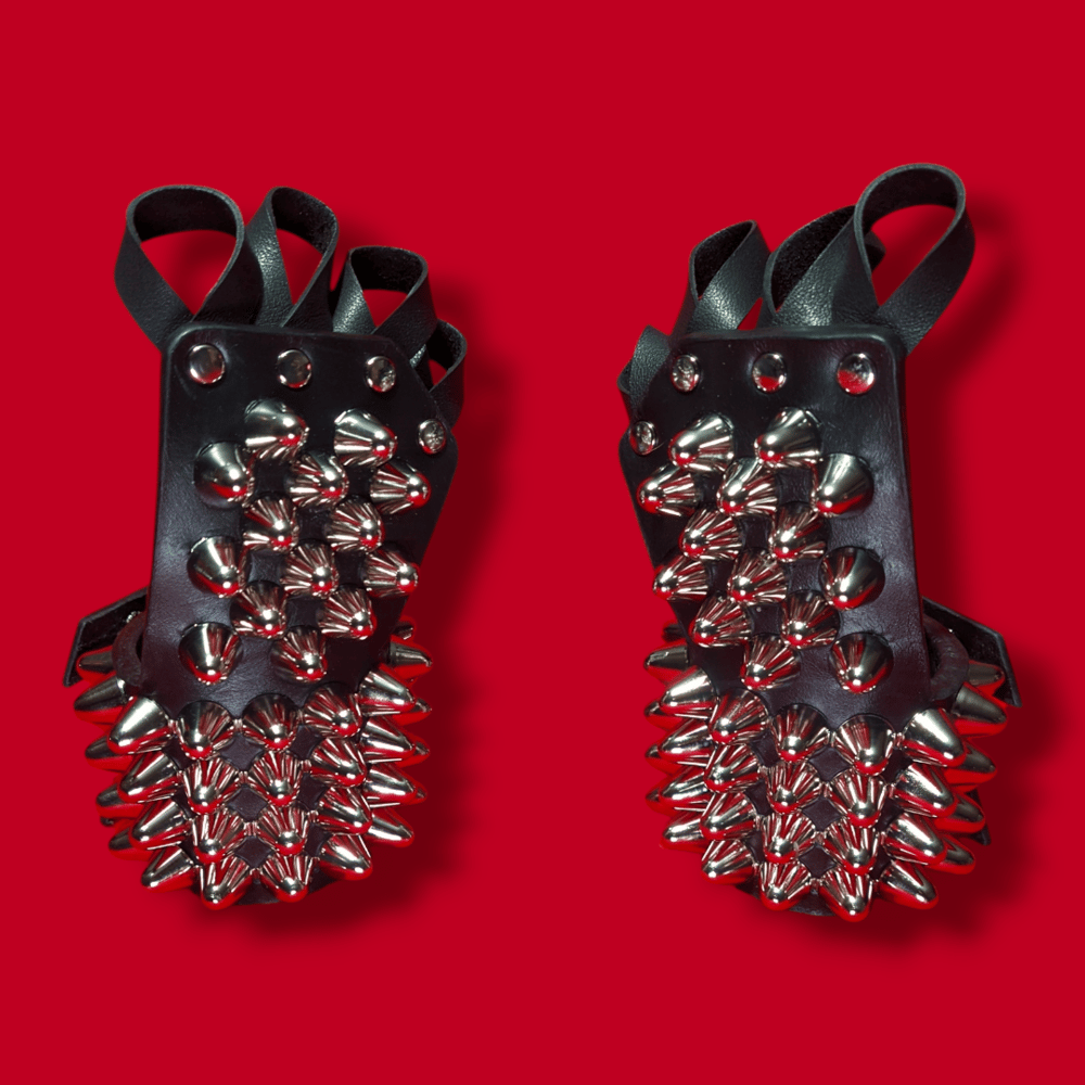 Black Leather Gloves with four Rows of Tall Cone Studs