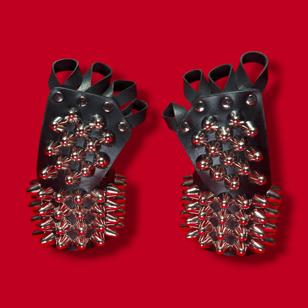 Black Leather Gloves with four Rows of Tall Cone Studs