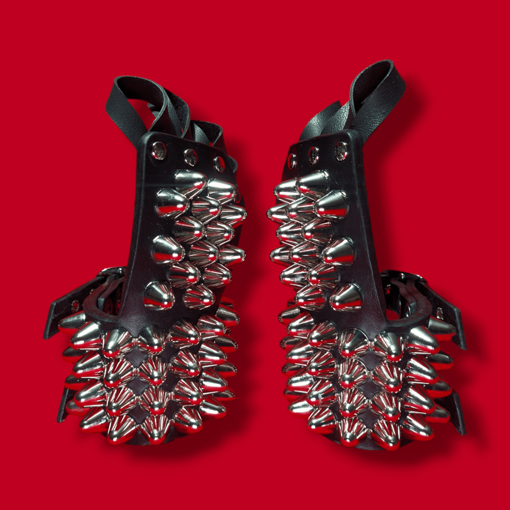 Black Leather Gloves with four Rows of Tall Cone Studs