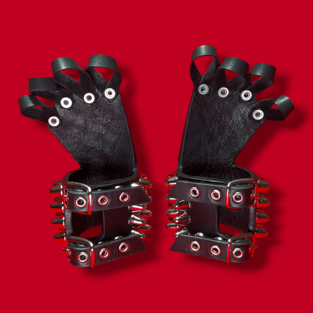 Black Leather Gloves with four Rows of Tall Cone Studs