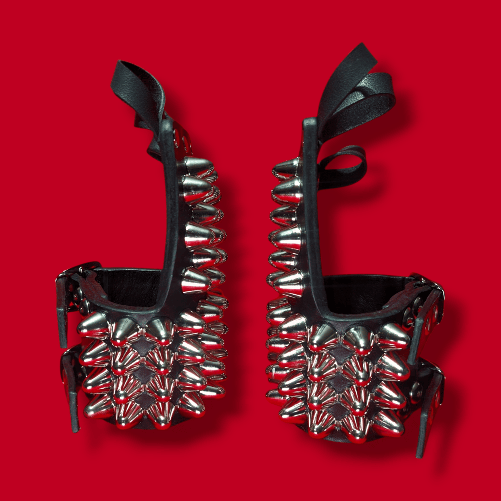 Black Leather Gloves with four Rows of Tall Cone Studs