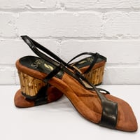 Image 1 of Franco Sarto Sandals Y2K Square Toe, 2'' bamboo block heel ,black leather straps w- buckle 