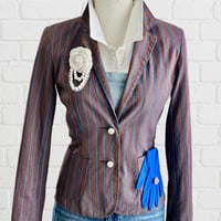 Image 1 of Women's Blazer Elevated w-Signature Style Ben Sherman Chocolate Brown w- Cobalt stripes , 1 of 1  