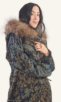 Image 1 of Blue Paisley Hooded Festival Coat – Acrylic Wool Wizard Cloak, Boho Fringe Jacket