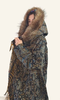 Image 4 of Blue Paisley Hooded Festival Coat – Acrylic Wool Wizard Cloak, Boho Fringe Jacket
