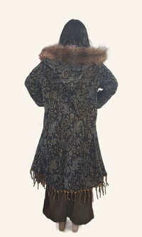 Image 6 of Blue Paisley Hooded Festival Coat – Acrylic Wool Wizard Cloak, Boho Fringe Jacket