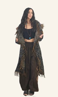 Image 7 of Blue Paisley Hooded Festival Coat – Acrylic Wool Wizard Cloak, Boho Fringe Jacket
