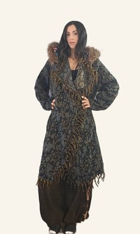 Image 3 of Blue Paisley Hooded Festival Coat – Acrylic Wool Wizard Cloak, Boho Fringe Jacket