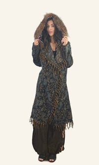Image 2 of Blue Paisley Hooded Festival Coat – Acrylic Wool Wizard Cloak, Boho Fringe Jacket