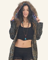 Image 8 of Blue Paisley Hooded Festival Coat – Acrylic Wool Wizard Cloak, Boho Fringe Jacket