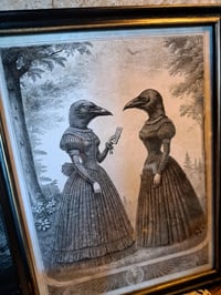 Image 3 of Gothic Victorian-Era Crow Women Illustration in Painted Vintage Wooden Frame