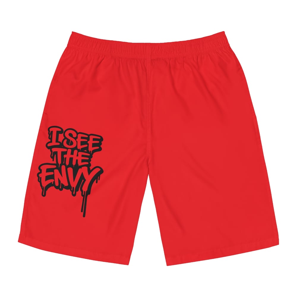 Image of Men's Red Board Shorts - 'I See The Envy' Graphic Swim Trunks