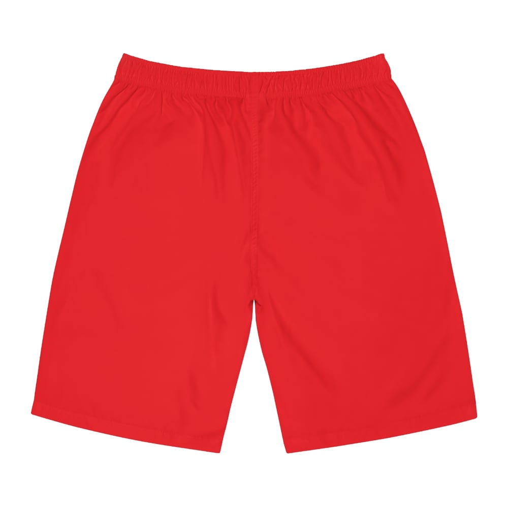 Image of Men's Red Board Shorts - 'I See The Envy' Graphic Swim Trunks