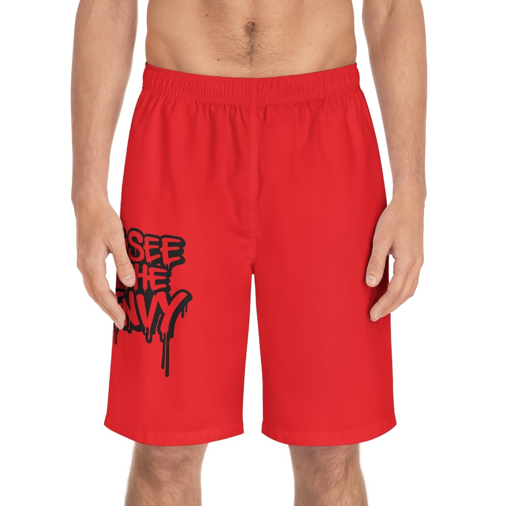 Image of Men's Red Board Shorts - 'I See The Envy' Graphic Swim Trunks