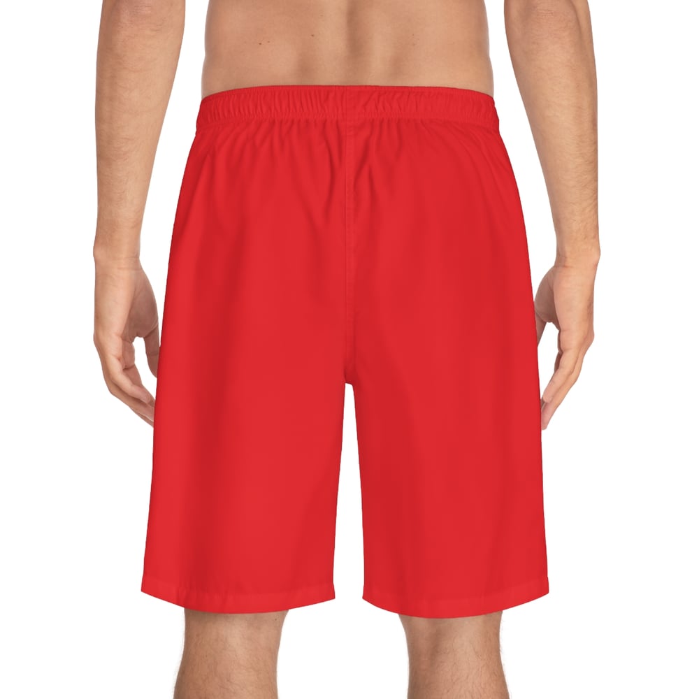 Image of Men's Red Board Shorts - 'I See The Envy' Graphic Swim Trunks