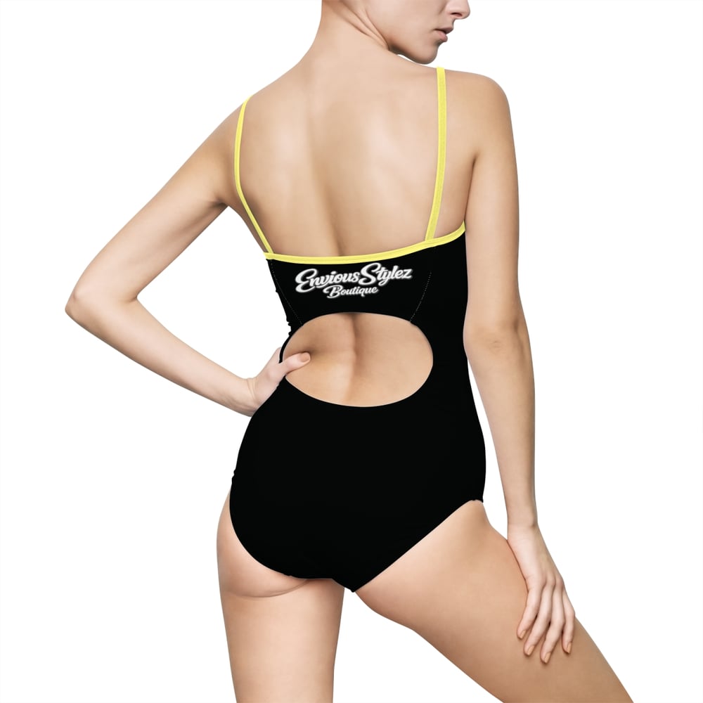 Image of Pretty & Paid Women's One-Piece Swimsuit — Script Logo Black Cutout Back
