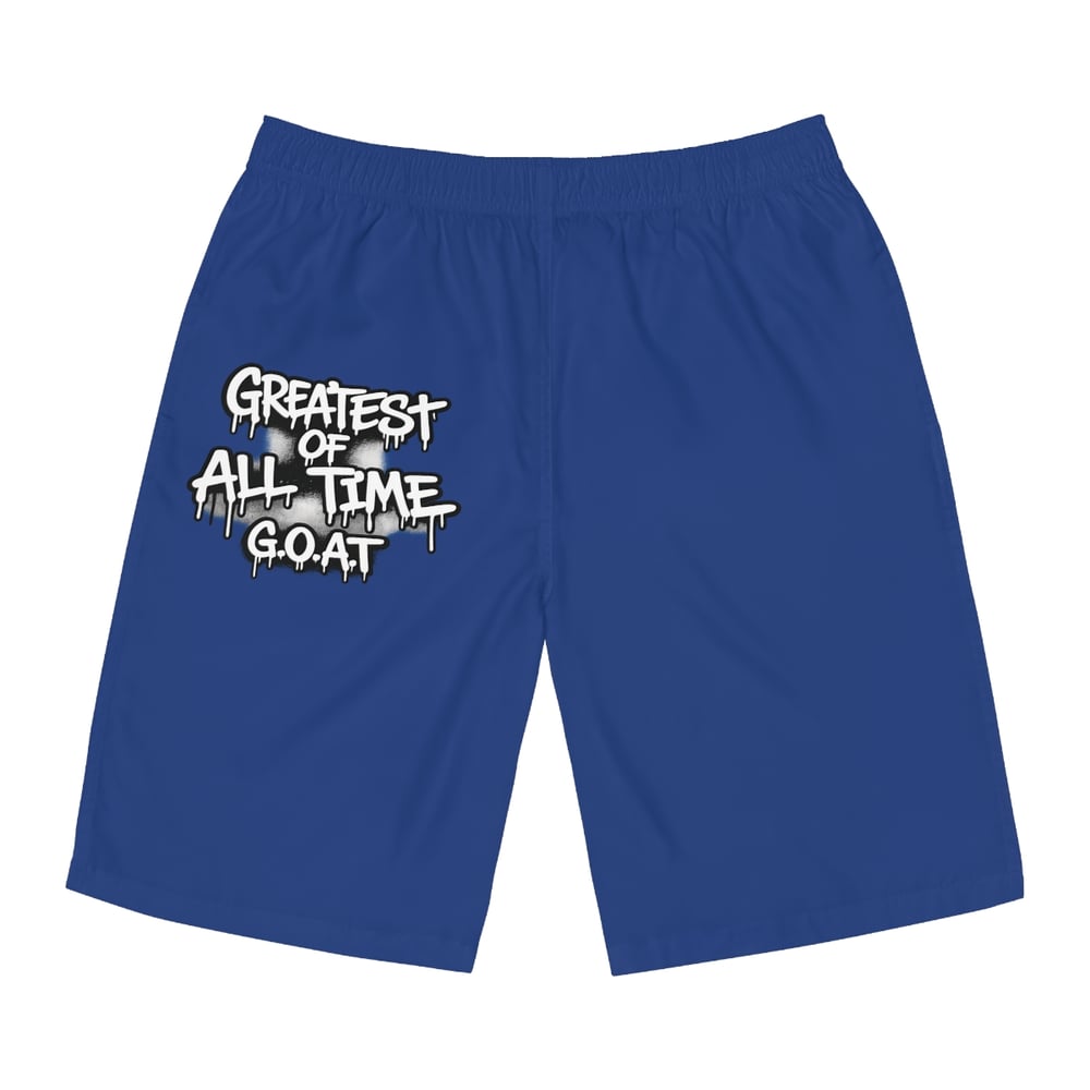 Image of Board Shorts – 'Greatest of All Time G.O.A.T.' Graphic Swim Trunks