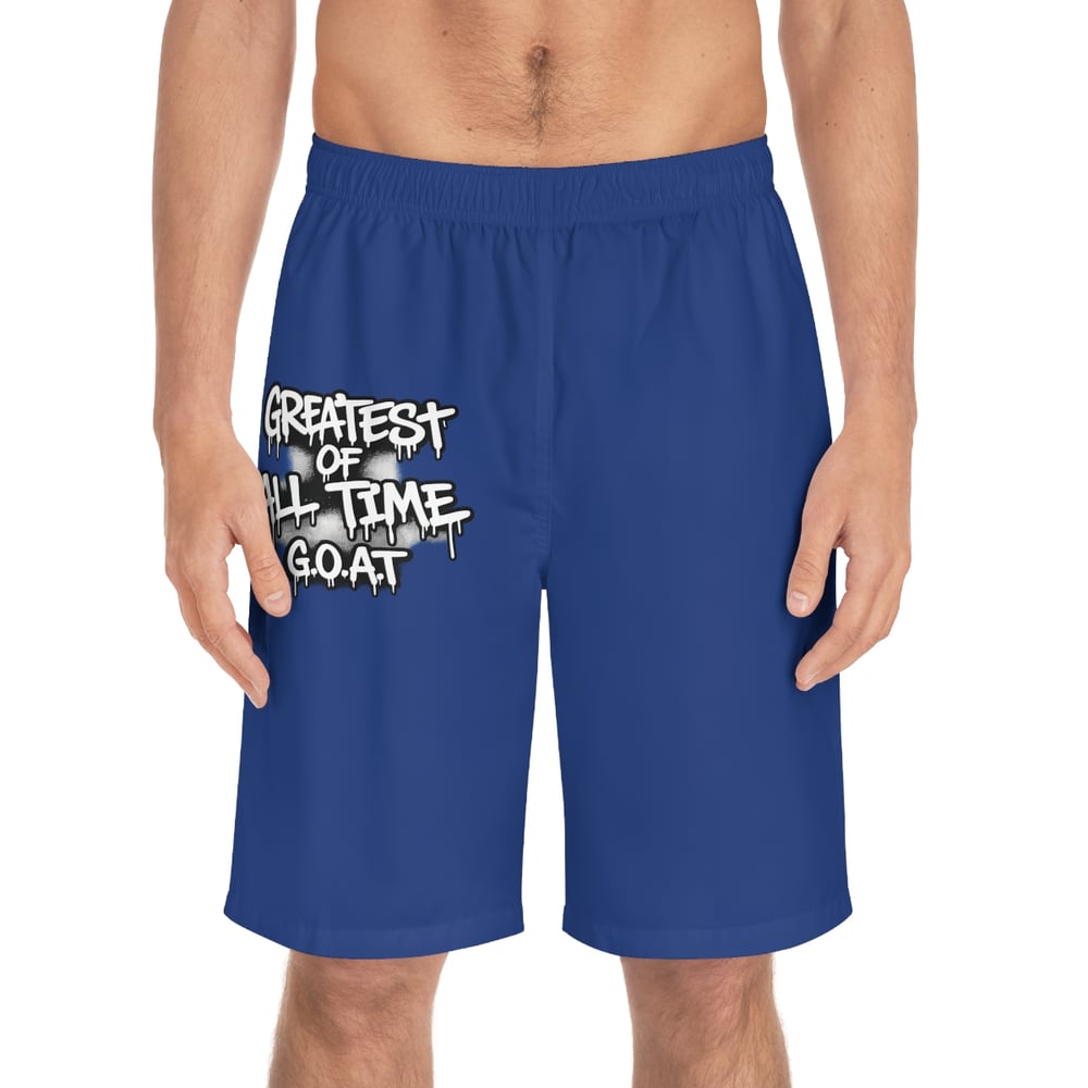 Image of Board Shorts – 'Greatest of All Time G.O.A.T.' Graphic Swim Trunks