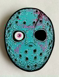 Image 1 of Hand painted RETRO JASON (WITH neon blood) wood cut