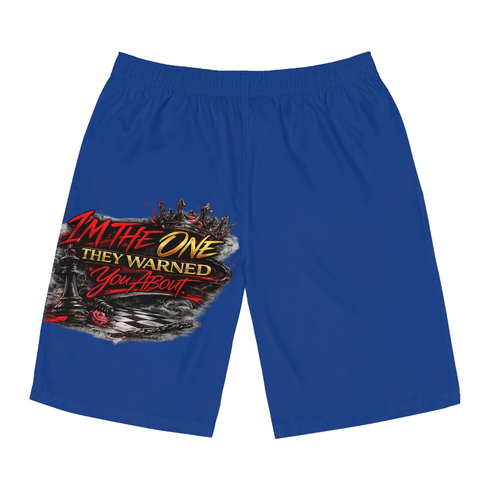 Image of I'm The One They Warned You About' Graphic Surf Trunks - Luxe edition Men's Board Shorts 