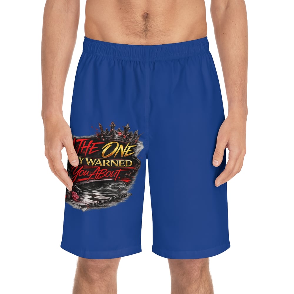Image of I'm The One They Warned You About' Graphic Surf Trunks - Luxe edition Men's Board Shorts 