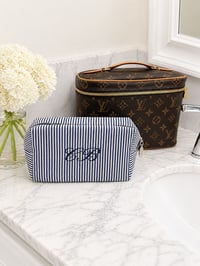 Image 2 of Navy Seersucker Monogram Toiletry Cosmetic Bag
