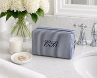 Image 1 of Navy Seersucker Monogram Toiletry Cosmetic Bag