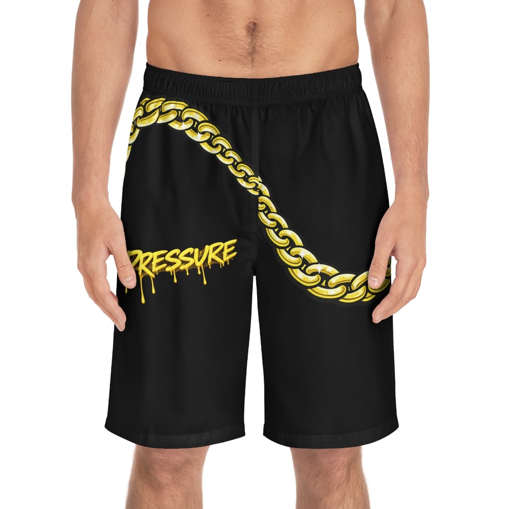 Image of Board Shorts — 'Pressure' Graffiti Logo Swim Trunks