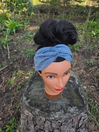 Image 1 of Upcycled Pure Linen Twist Headband in Blue Crosshatch