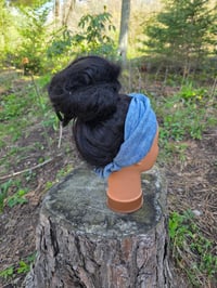 Image 2 of Upcycled Pure Linen Twist Headband in Blue Crosshatch