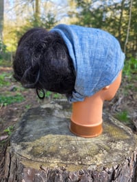 Image 1 of Upcycled Pure Linen Expandable Headband Cover in Blue Crosshatch 