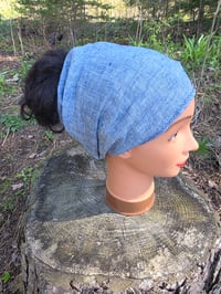 Image 2 of Upcycled Pure Linen Expandable Headband Cover in Blue Crosshatch 