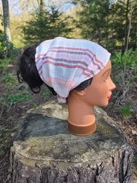 Image 1 of Upcycled Pure Linen Gauze, Expandable Headband Cover in Earthy Stripes