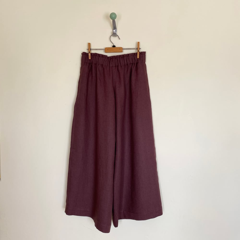 Image of Linen Full Length Ruched Waist Wide Leg Trousers