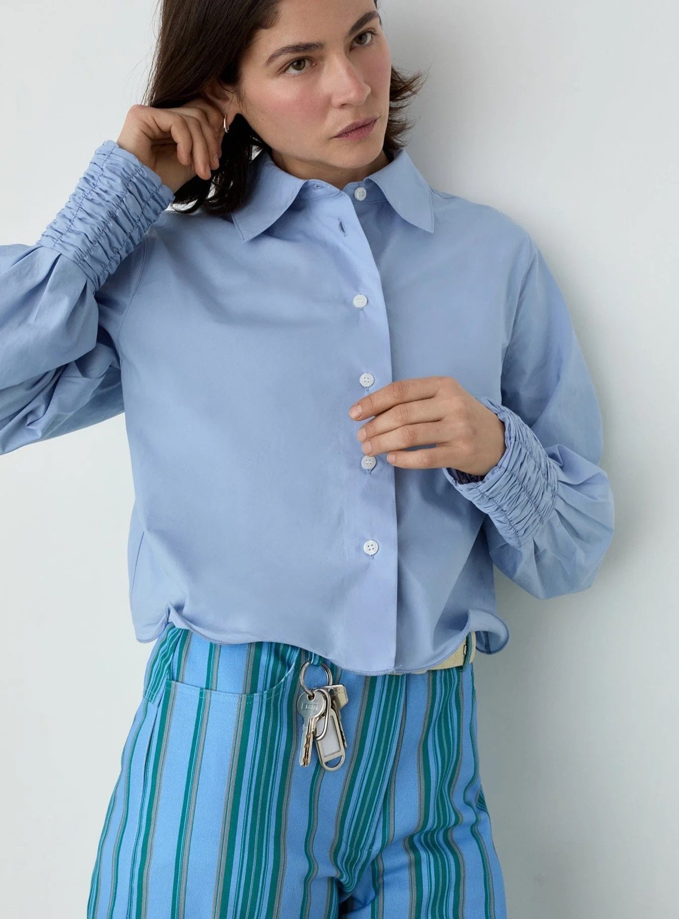 Image of LAAGAM ROXANE BLUE RUCHED SHIRT