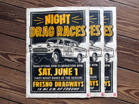 Image 1 of Fresno Night Drag Races Linocut Print (black edition) FREE SHIPPING