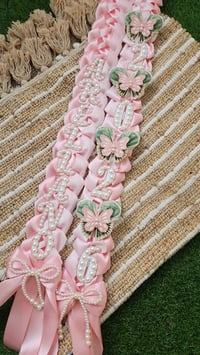 Image 3 of Pearl Graduation Lei Name and Year With 4 Butterflies