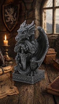 Image 1 of 👑The Armored Kingdom Draconian Sword Guardian of the Realm Dragon Statue-Gothic Decor-Textured