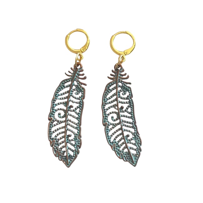 antique feather gold huggie hoop earrings