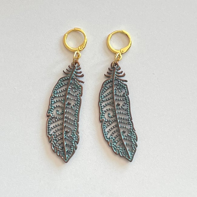 antique feather gold huggie hoop earrings