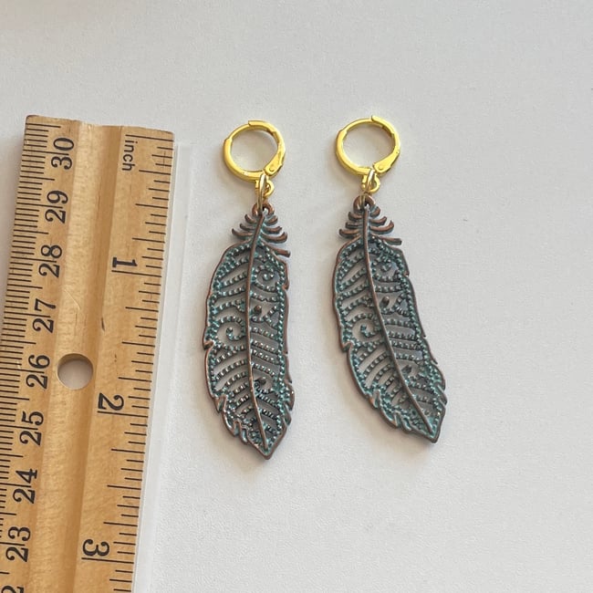 antique feather gold huggie hoop earrings