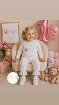 Image 1 of Girls 1st Birthday frill animal theme pyjamas 