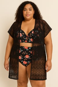 Image 3 of 2PC Black Floral Swimsuit - Sunset Stripes 2PC Swimsuit - Black Lace Swimsuit Cover-Up