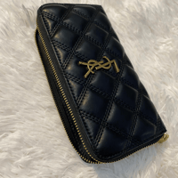 Image 3 of Quilted Black Zip Around Wallet with Gold Hardware