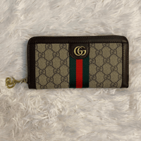 Image 1 of Monogram Stripe Zip Around Wallet with Gold Hardware