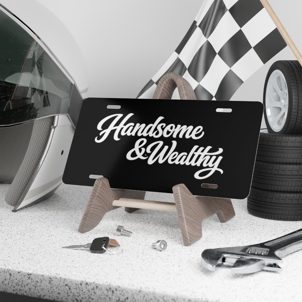 Image of Handsome & Wealthy Vanity Plate — Black Script License Plate